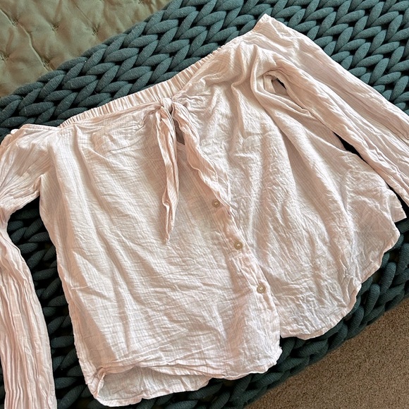Off-Shoulder Linen/Cotton Striped Button-Up Blouse - Picture 1 of 8